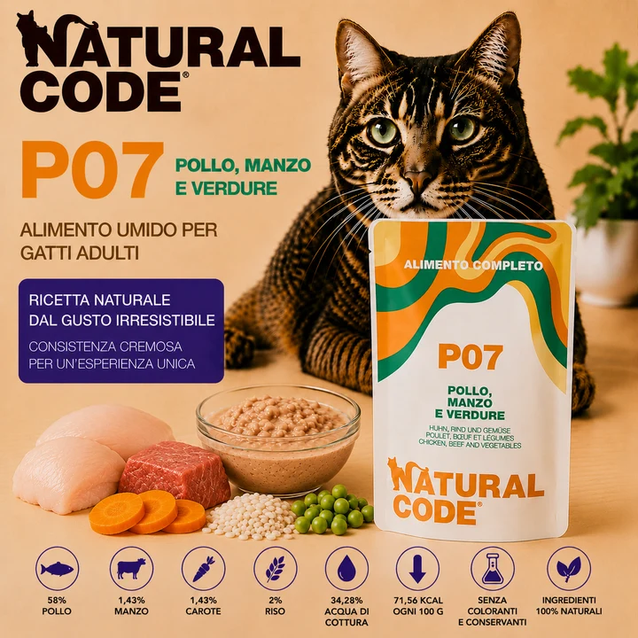 Natural Code P07 Pollo, Manzo e Verdure Alimento Umido per Gatti 70 g