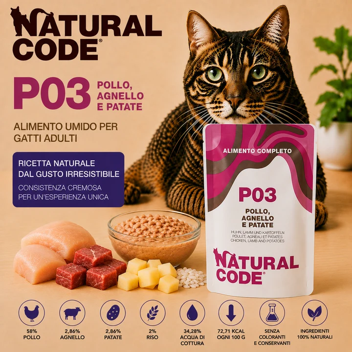 Natural Code P03 Pollo, Agnello e Patate Alimento Umido per Gatti 70 g