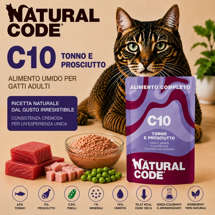 Natural Code C10 Tonno e Prosciutto Alimento Umido Completo per Gatti 70 g