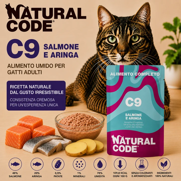 Natural Code C09 Salmone e Aringa Alimento Umido Completo per Gatti da 70 g