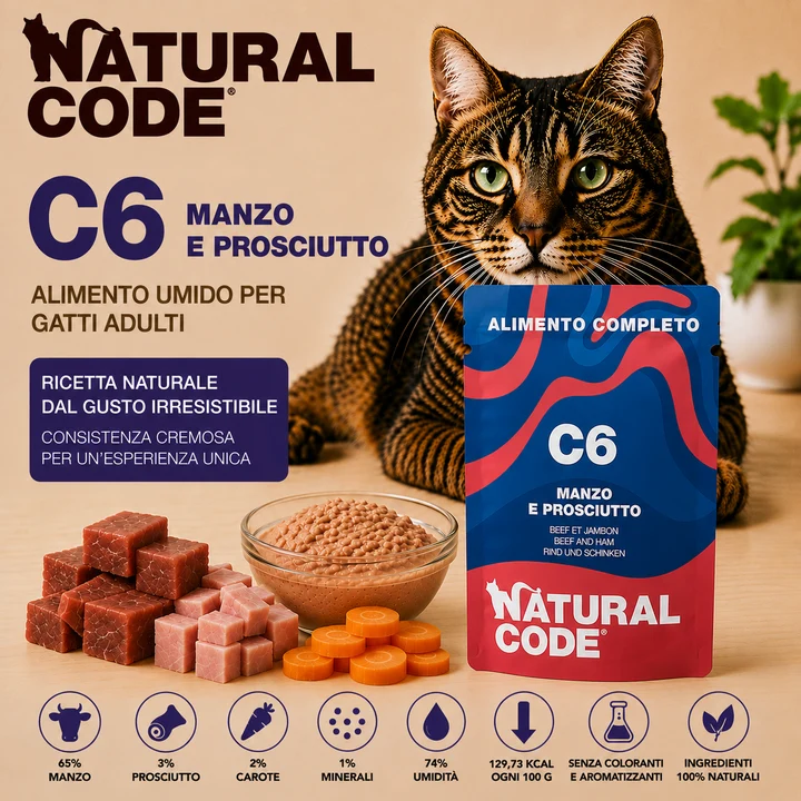 Natural Code C06 Manzo e Prosciutto Alimento Umido Completo per Gatti 70 g