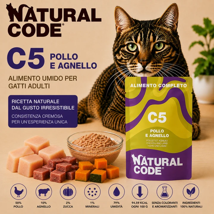 Natural Code C05 Pollo e Agnello Alimento Umido Completo per Gatti 70 g