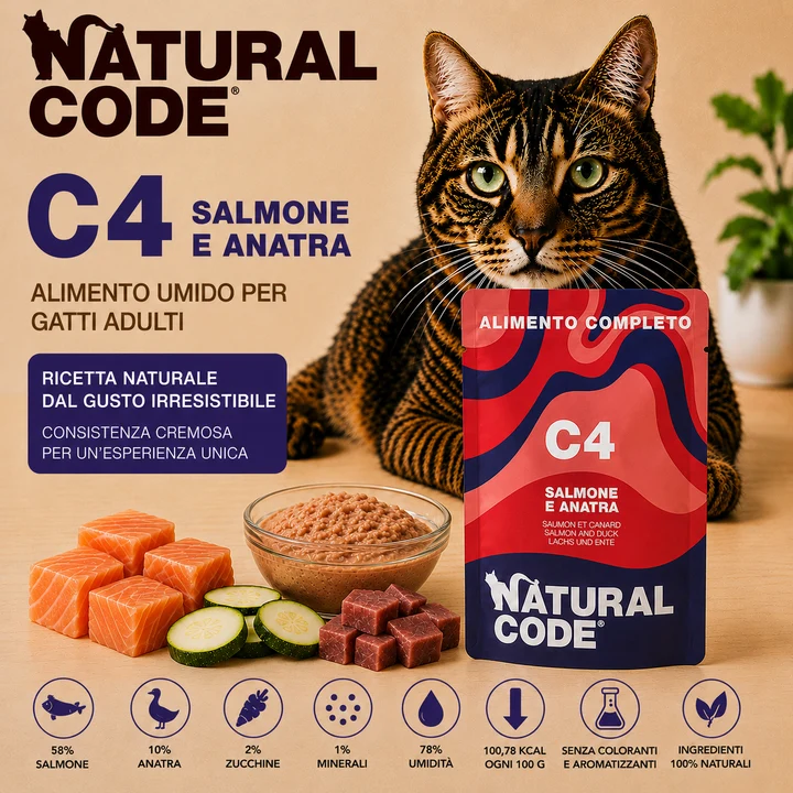 Natural Code C04 Salmone e Anatra Alimento Umido Completo per Gatti 70 g