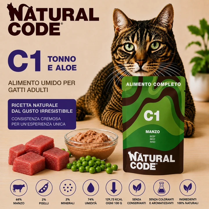 Natural Code C01 Manzo Alimento Umido Completo per Gatti 70 g