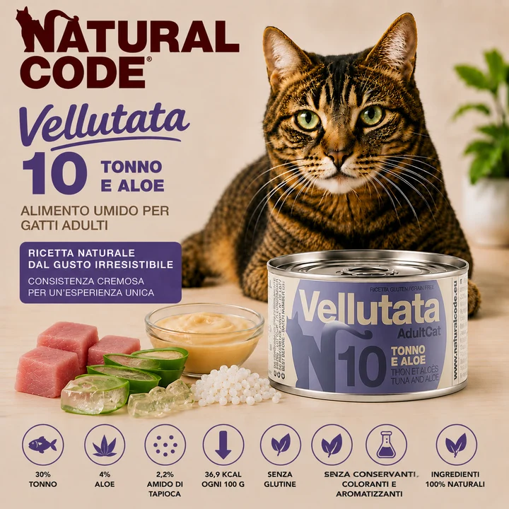 Natural Code 10 Vellutata Tonno e Aloe 85 g | Alimento Umido per Gatti Adulti