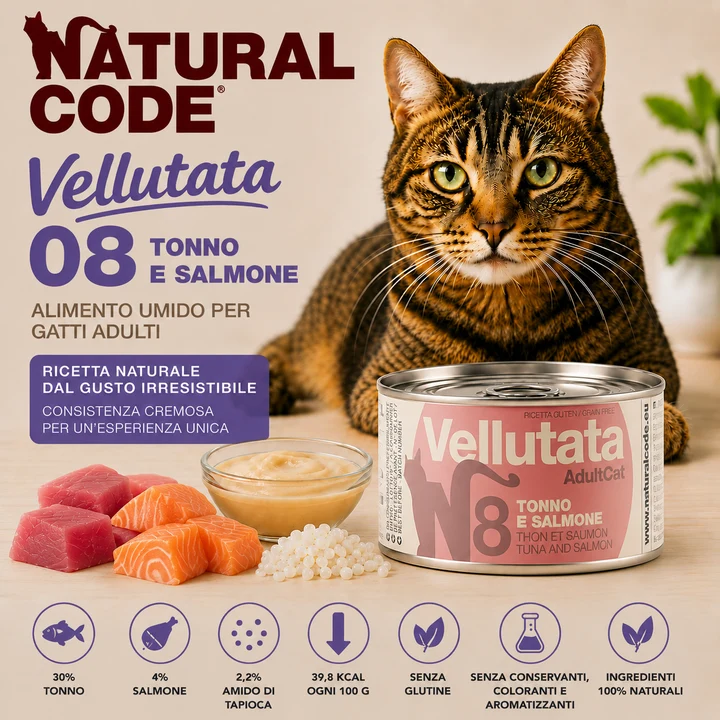 Natural Code 08 Vellutata Tonno e Salmone Alimento Umido per Gatti 85 g