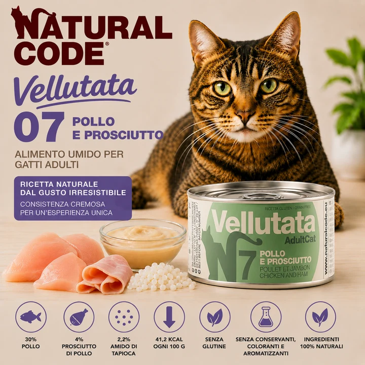 Natural Code 07 Vellutata Pollo e Prosciutto Alimento Umido per Gatti 85 g