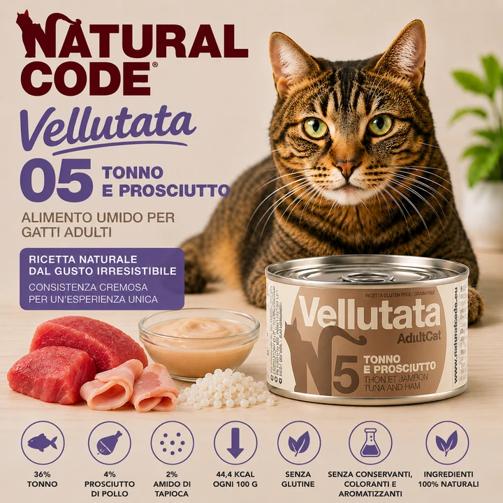 Natural Code 05 Vellutata Tonno e Prosciutto Alimento Umido per Gatti 85 g