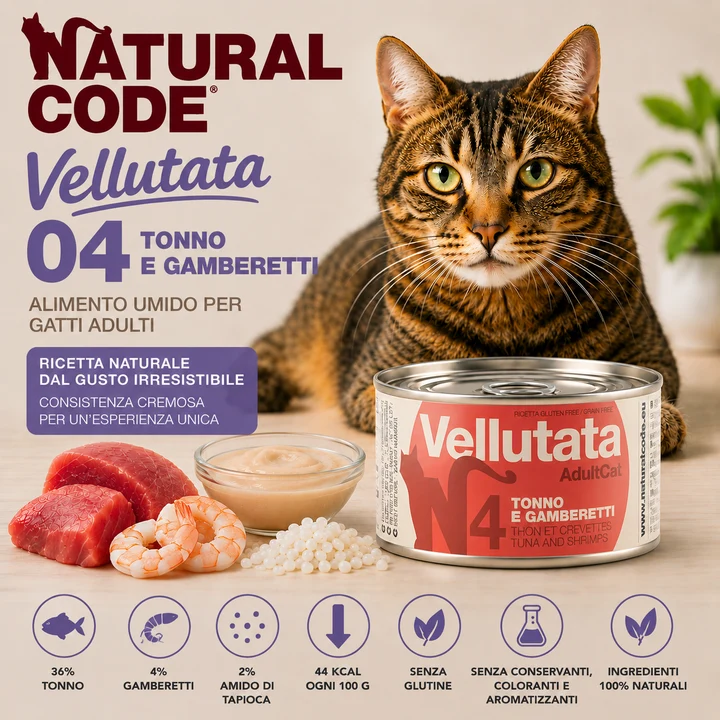 Natural Code 04 Vellutata Tonno e Gamberetti 85 g | Alimento Umido per Gatti