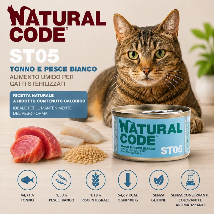Natural Code ST05 Tonno e Pesce Bianco: alimento umido complementare per gatti sterilizzati 85 g