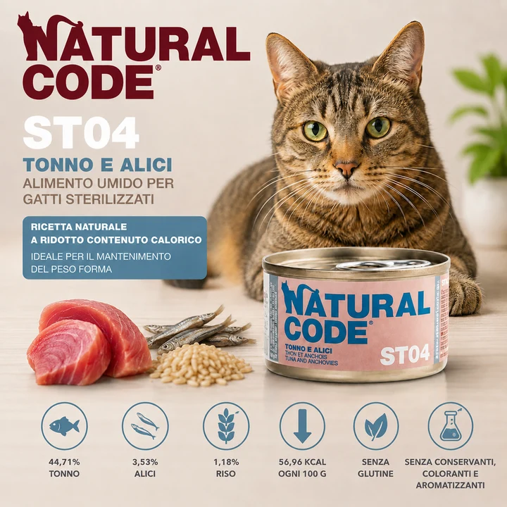 Natural Code ST04 Tonno e Alici | Alimento Umido per Gatti Sterilizzati 85 g