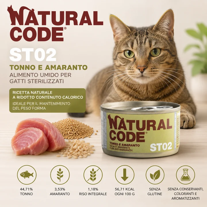 Natural Code ST02 Tonno e Amaranto | Alimento Umido per Gatti Sterilizzati 85 g