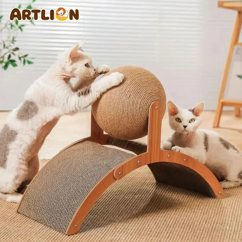 Sisal Rope Cat Scratching Ball – Gioco Tiragraffi a Palla per Gatti e Cuccioli in Corda di Sisal Naturale e Supporto in Legno (Salva-Mobili e Antistress)