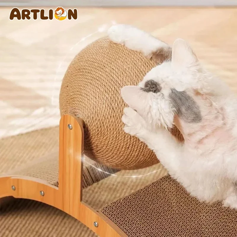 Sisal Rope Cat Scratching Ball – Gioco Tiragraffi a Palla per Gatti e Cuccioli in Corda di Sisal Naturale e Supporto in Legno (Salva-Mobili e Antistress)