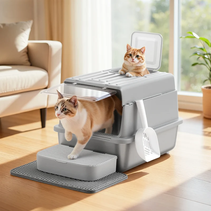 Lettiera per Gatti Grandi in Acciaio Inossidabile con Coperchio (60x40x38 cm) – Cassetta Igienica XXL da 28L Anti-Odore e Anti-Perdita, con Paletta e Tappetino inclusi