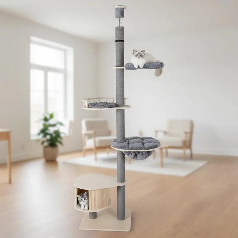 Tiragraffi Soffitto-Pavimento in Legno Multilivello – Torre per Gatti Regolabile (236-271 cm) con Cuccia in Pino, Amaca e Tappetini Lavabili