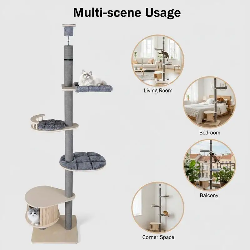 Tiragraffi Soffitto-Pavimento in Legno Multilivello – Torre per Gatti Regolabile (236-271 cm) con Cuccia in Pino, Amaca e Tappetini Lavabili