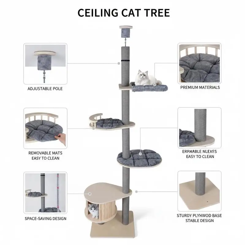 Tiragraffi Soffitto-Pavimento in Legno Multilivello – Torre per Gatti Regolabile (236-271 cm) con Cuccia in Pino, Amaca e Tappetini Lavabili