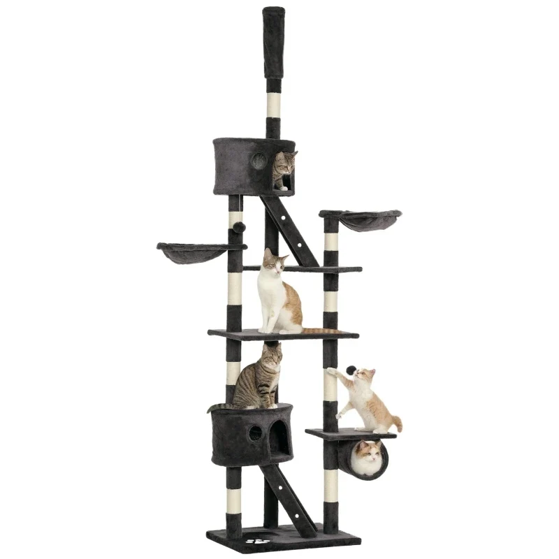 Tiragraffi Soffitto-Pavimento Extra Large (240-260 cm) – Torre Alta per Gatti con Pali in Sisal, Cucce, Tunnel e Scaletta (Grigio Scuro)