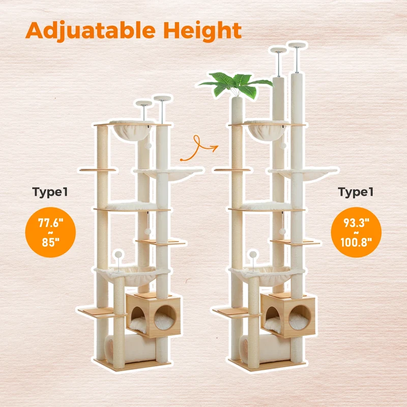 Tiragraffi Soffitto-Pavimento in Legno – Albero per Gatti Regolabile Multipiano con Amaca XL, Cuccia e Pali in Sisal