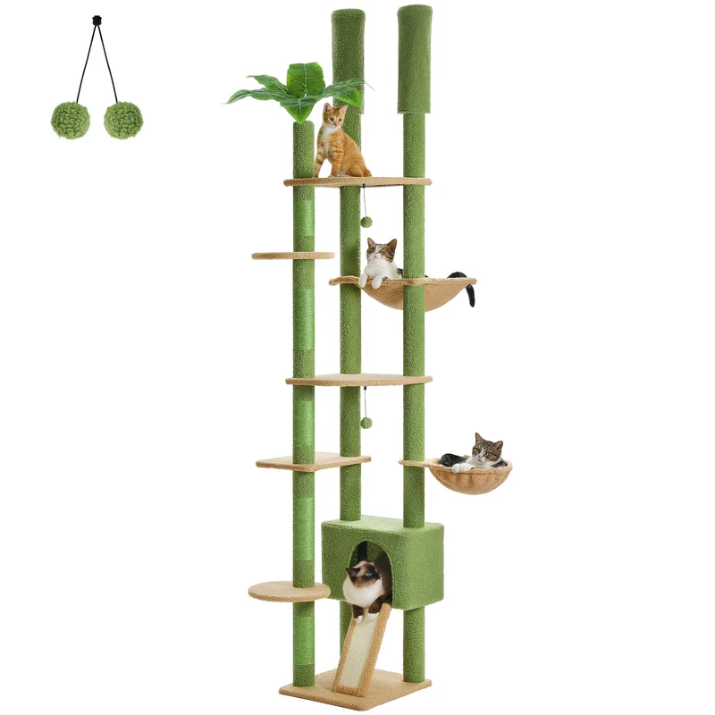Tiragraffi Soffitto-Pavimento in Legno – Albero per Gatti Regolabile Multipiano con Amaca XL, Cuccia e Pali in Sisal