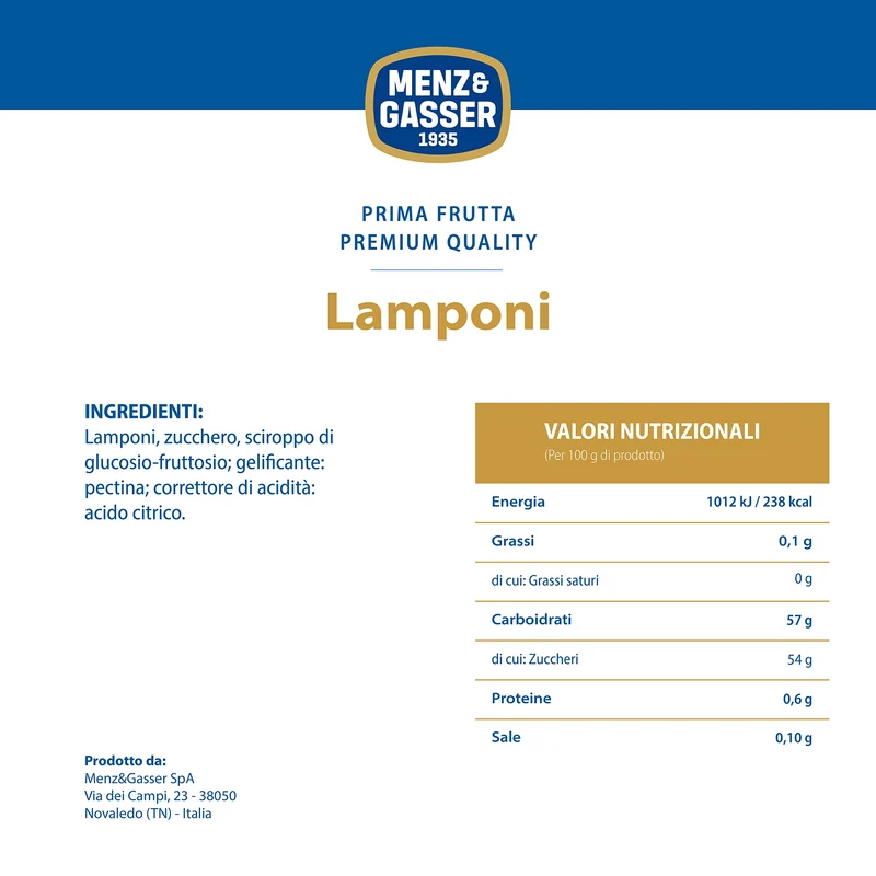 Menz&Gasser, Confettura Extra di Lamponi Prima Frutta, con 50% di Frutta, Realizzata con Frutti di Alta Qualità IQF, Lavorata in Trentino-Südtirol, Naturalmente Senza Glutine, Vegan, 4x340 g