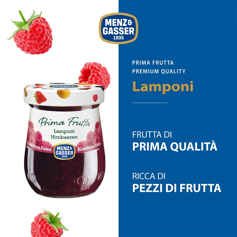 Menz&Gasser, Confettura Extra di Lamponi Prima Frutta, con 50% di Frutta, Realizzata con Frutti di Alta Qualità IQF, Lavorata in Trentino-Südtirol, Naturalmente Senza Glutine, Vegan, 4x340 g