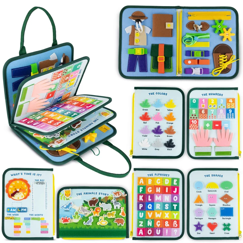 BONNYCO Montessori Busy Board Feltro. Valigetta Giochi Montessori Didattici, Pannello Sensoriale Bambini Board. Giochi Bambini 1 2 3 4 5 6 Anni, Regalo Bambino Bambina Bimbo Book Compleanno Natale