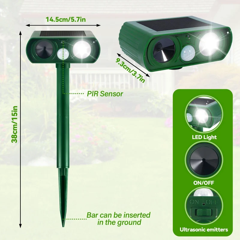 PQETBV Dissuasore piccioni, uccelli, gatti Repellente per Volpi Ultrasonico Solare con Luce LED, 8m 120° Dissuasori per Piccioni Giardino IPX4 Impermeabile per Gatti Martore Volpi Cani Procioni (510B)