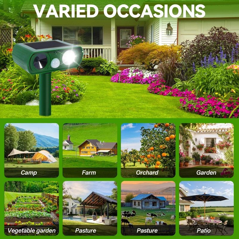 PQETBV Dissuasore piccioni, uccelli, gatti Repellente per Volpi Ultrasonico Solare con Luce LED, 8m 120° Dissuasori per Piccioni Giardino IPX4 Impermeabile per Gatti Martore Volpi Cani Procioni (510B)