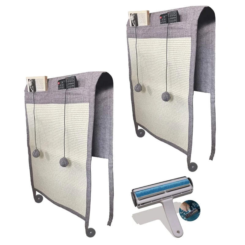 TREKAM Set 2x tiragraffi divano per gatti e rullo smacchiatori divano - Proteggi divano gatti graffi con palline elastiche giocattolo e tasche - affilaunghie sisal naturale per il tuo gattino