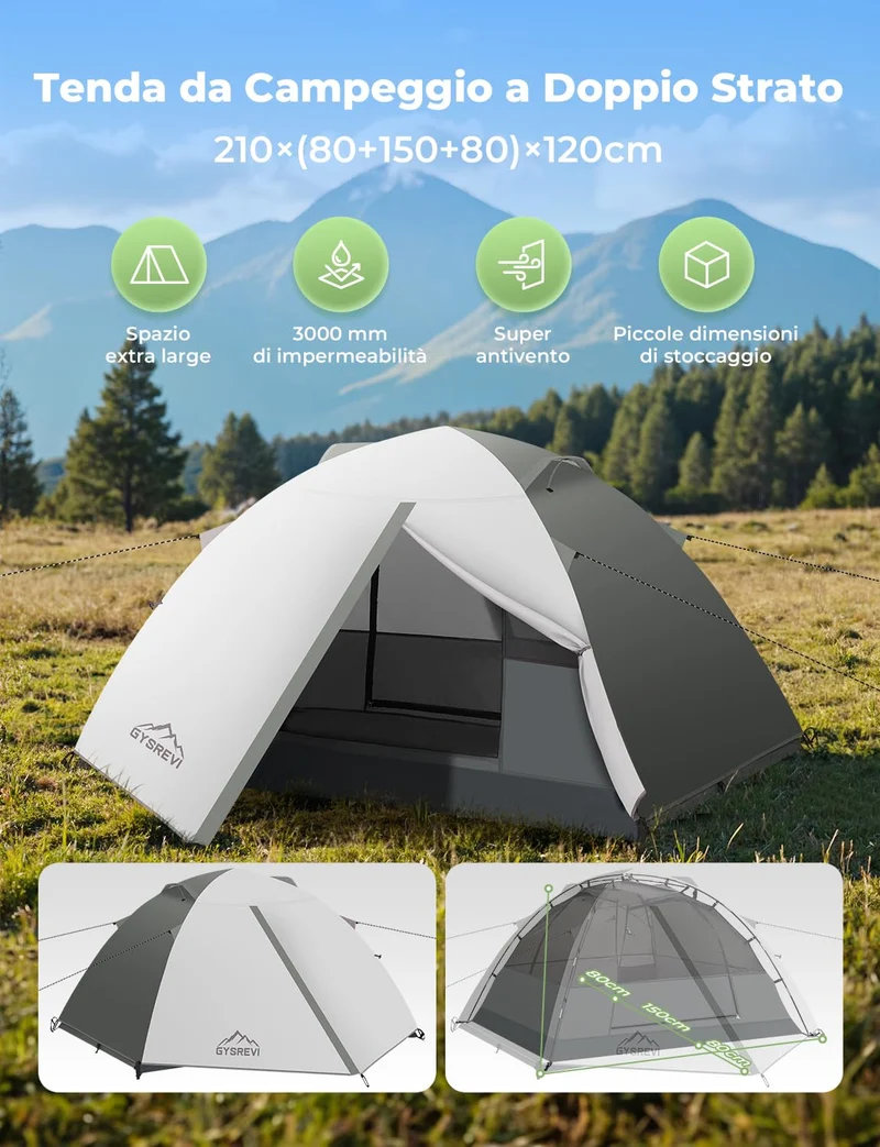 Gysrevi Tenda Campeggio per 2-3 Persone Tenda da Campeggio Doppia Porta Impermeabile & Antivento Tenda Interna ed Esterna 2 in 1 Adatto per il Campeggio, Escursioni, Arrampicata, Escursioni, Viaggi di
