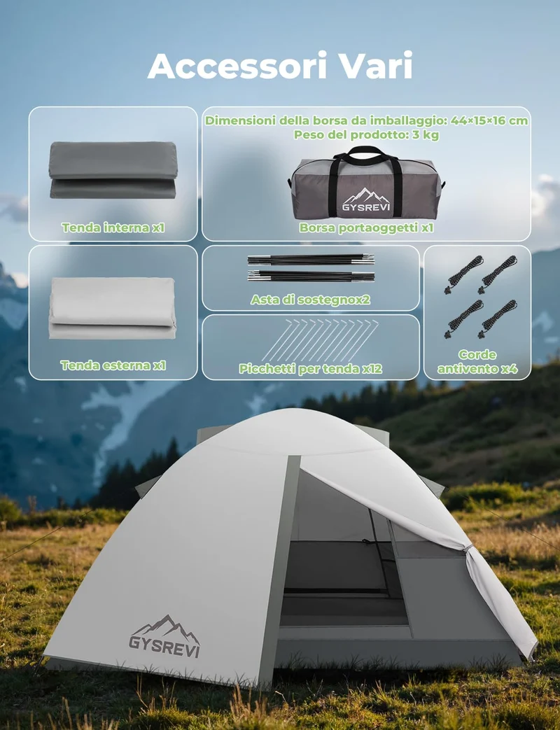 Gysrevi Tenda Campeggio per 2-3 Persone Tenda da Campeggio Doppia Porta Impermeabile & Antivento Tenda Interna ed Esterna 2 in 1 Adatto per il Campeggio, Escursioni, Arrampicata, Escursioni, Viaggi di