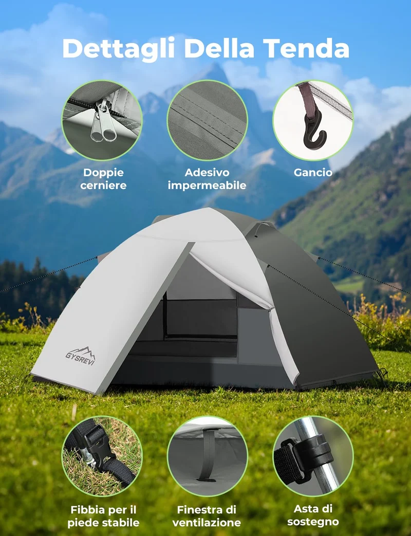 Gysrevi Tenda Campeggio per 2-3 Persone Tenda da Campeggio Doppia Porta Impermeabile & Antivento Tenda Interna ed Esterna 2 in 1 Adatto per il Campeggio, Escursioni, Arrampicata, Escursioni, Viaggi di