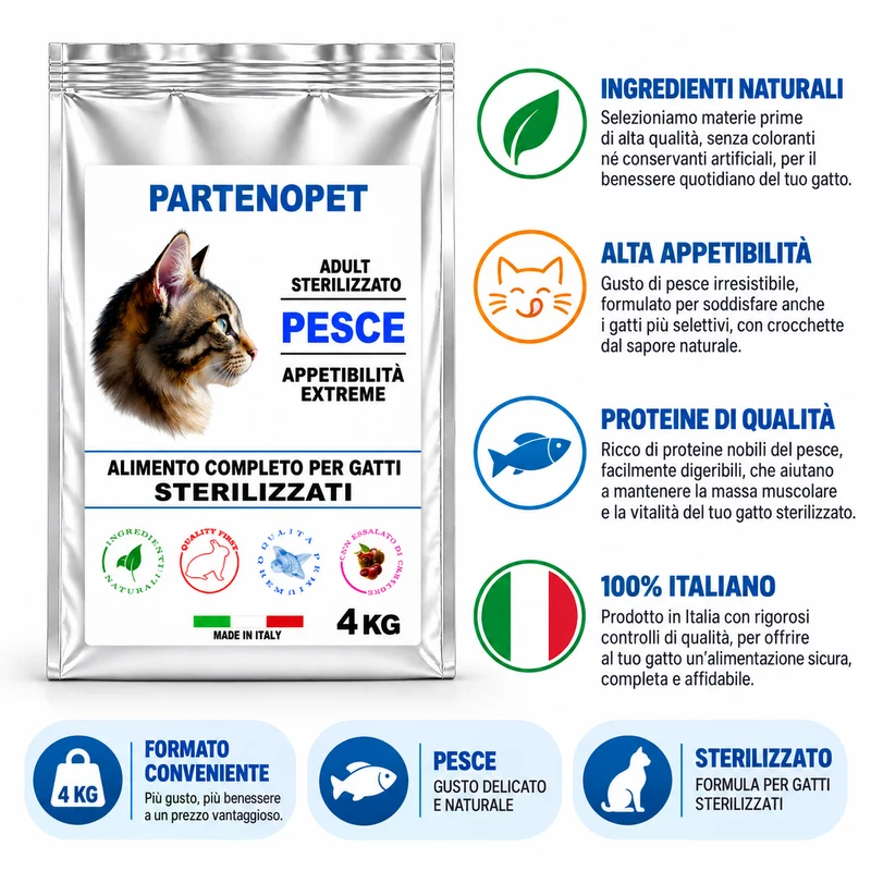 Partenopet Crocchette Gatti Sterilizzati al Pesce 4 kg