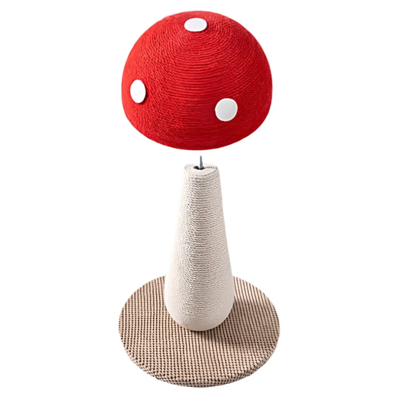 Tiragraffi a Forma di Fungo Rosso – Palo Verticale in Sisal Naturale con Base Rinforzata (54 cm)
