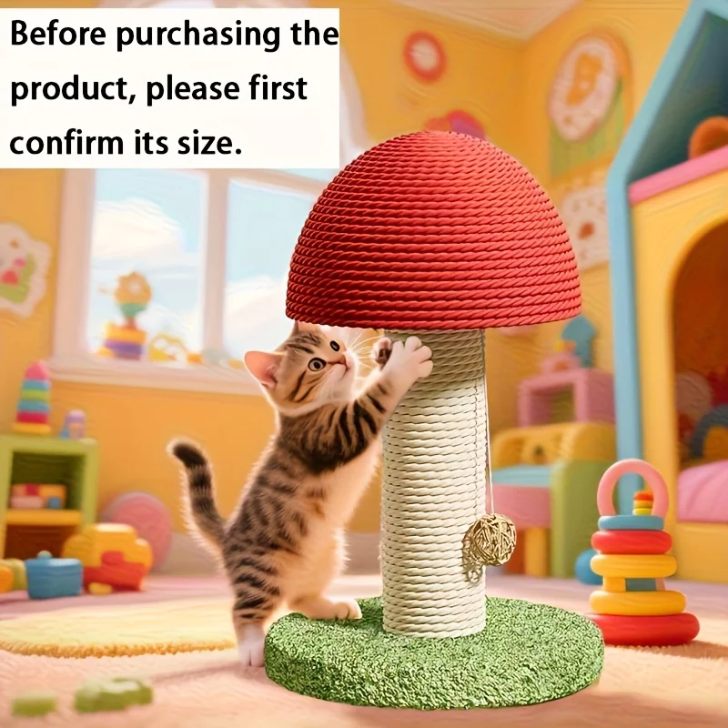Tiragraffi a Forma di Fungo Rosso – Mini Villa per Gatti con Palo in Sisal e Base Prato con Pom-Pon