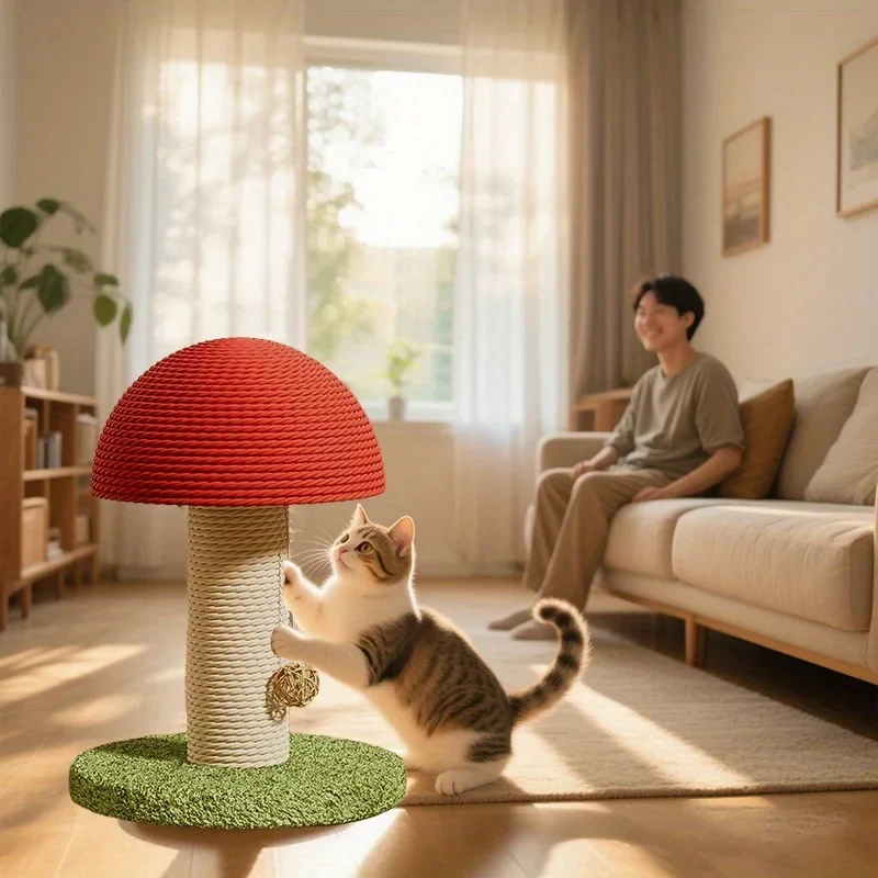 Tiragraffi a Forma di Fungo Rosso – Mini Villa per Gatti con Palo in Sisal e Base Prato con Pom-Pon