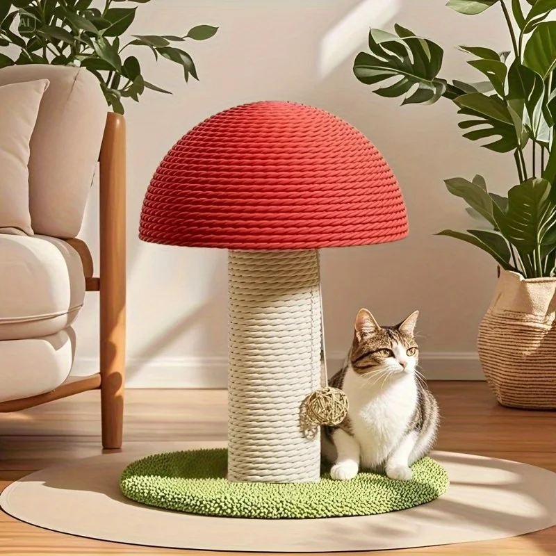 Tiragraffi a Forma di Fungo Rosso – Mini Villa per Gatti con Palo in Sisal e Base Prato con Pom-Pon