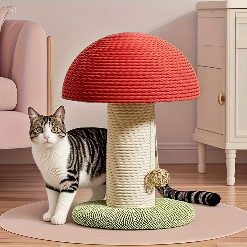 Tiragraffi a Forma di Fungo Rosso – Mini Villa per Gatti con Palo in Sisal e Base Prato con Pom-Pon
