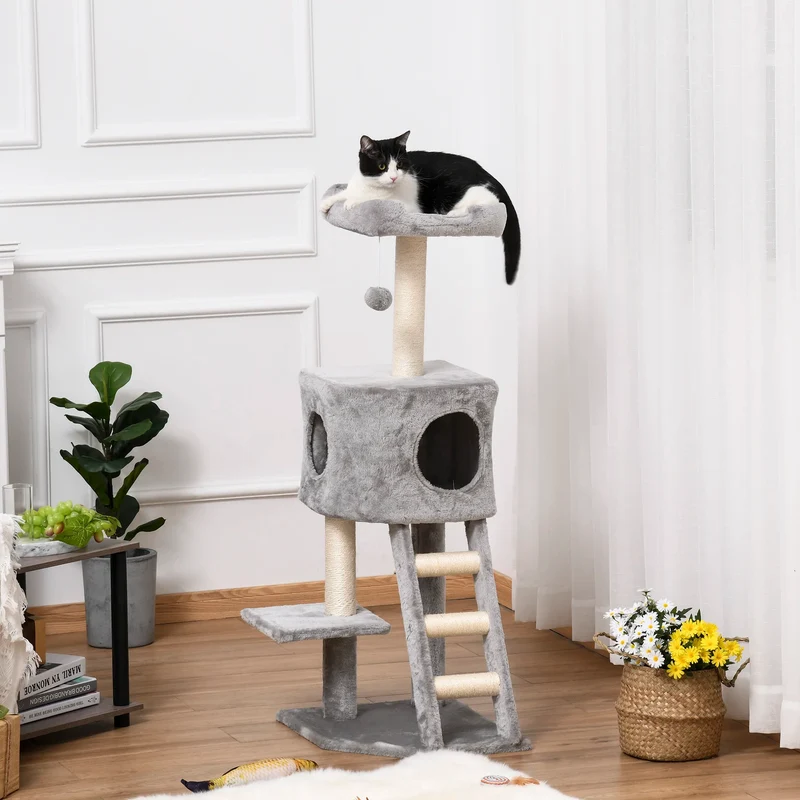 Tiragraffi Multilivello 120 cm – Albero per Gatti con Cuccia, Scaletta, 3 Piattaforme e Giochi (Grigio Chiaro)