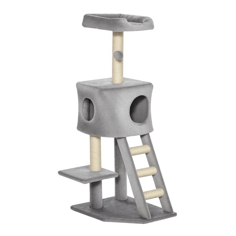 Tiragraffi Multilivello 120 cm – Albero per Gatti con Cuccia, Scaletta, 3 Piattaforme e Giochi (Grigio Chiaro)