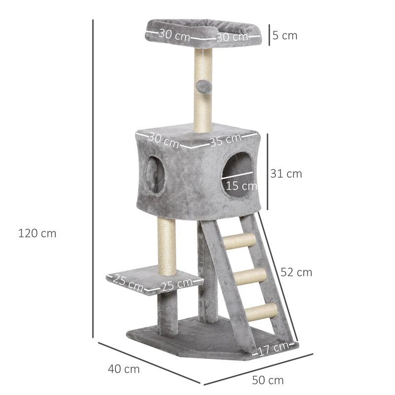 Tiragraffi Multilivello 120 cm – Albero per Gatti con Cuccia, Scaletta, 3 Piattaforme e Giochi (Grigio Chiaro)
