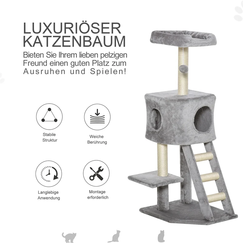 Tiragraffi Multilivello 120 cm – Albero per Gatti con Cuccia, Scaletta, 3 Piattaforme e Giochi (Grigio Chiaro)