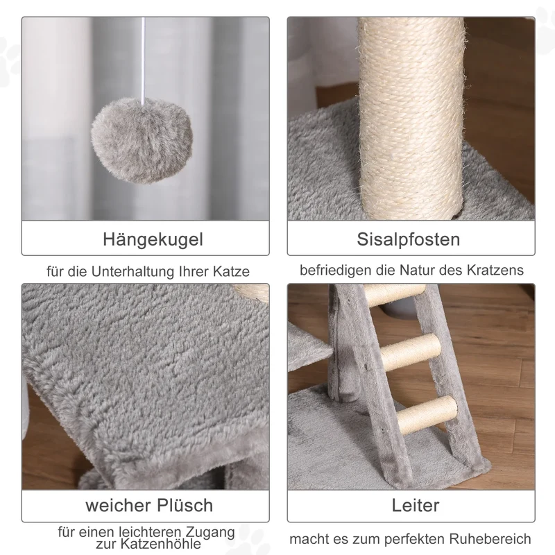 Tiragraffi Multilivello 120 cm – Albero per Gatti con Cuccia, Scaletta, 3 Piattaforme e Giochi (Grigio Chiaro)