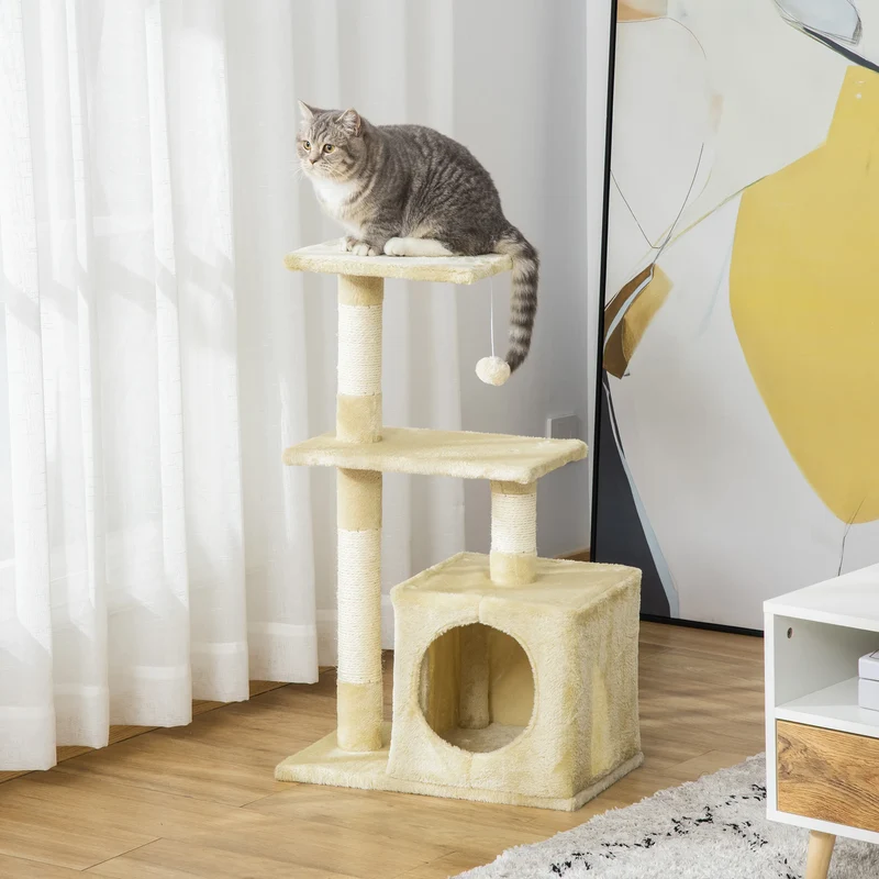 Tiragraffi per Gatti Alto 81,5 cm – Centro Attività con Cuccia, Piattaforme Panoramiche e Giochi Integrati (Beige)