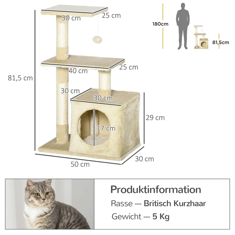 Tiragraffi per Gatti Alto 81,5 cm – Centro Attività con Cuccia, Piattaforme Panoramiche e Giochi Integrati (Beige)