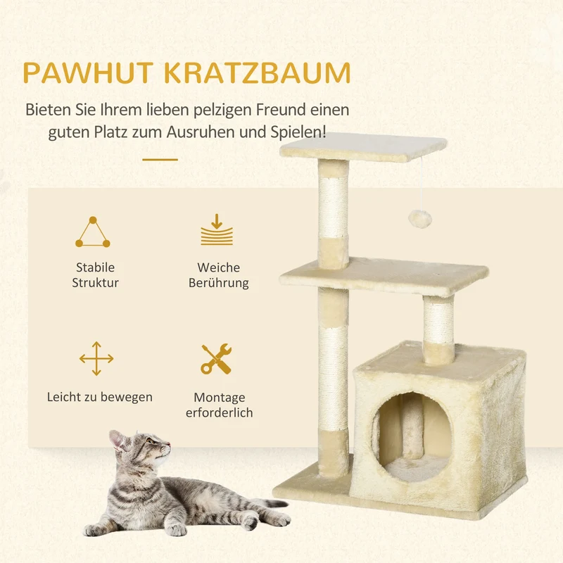 Tiragraffi per Gatti Alto 81,5 cm – Centro Attività con Cuccia, Piattaforme Panoramiche e Giochi Integrati (Beige)