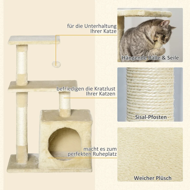 Tiragraffi per Gatti Alto 81,5 cm – Centro Attività con Cuccia, Piattaforme Panoramiche e Giochi Integrati (Beige)