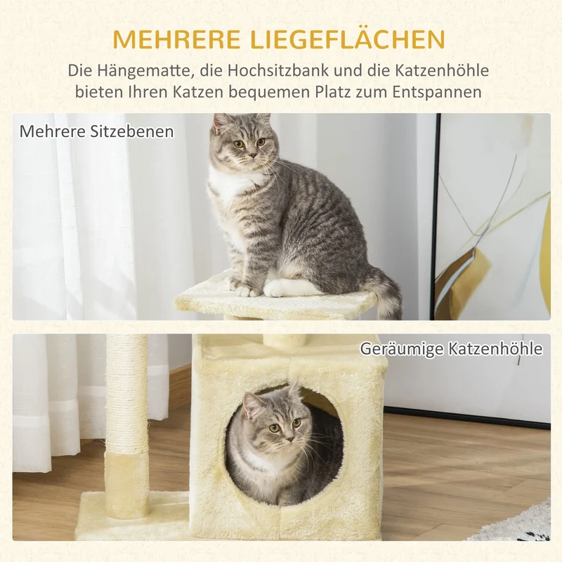 Tiragraffi per Gatti Alto 81,5 cm – Centro Attività con Cuccia, Piattaforme Panoramiche e Giochi Integrati (Beige)